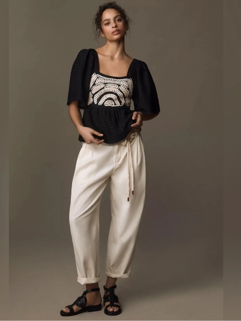Sarah Hann x Anthropologie Black & Cream Flutter Sleeve Crochet Top - Small